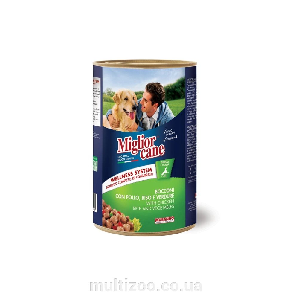 Вологий корм для собак Migliorcane зі шматочками курки, рисом та овочами, 1250 г від компанії Multizoo - зоотовари для тварин - фото 1