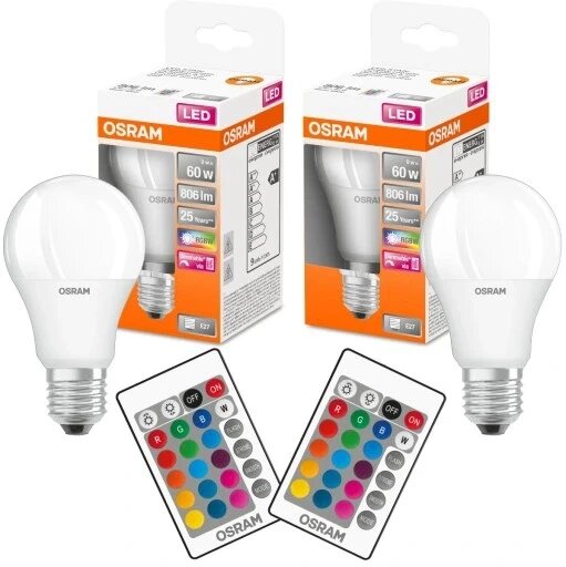 2 шт. LED лампа E27 9W 60W 806lm OSRAM RGBW + пульт дистанційного керування від компанії Інтернет-магазин EconomPokupka - фото 1