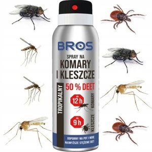 3 шт. Спрей "bros" проти комарів та кліщів відлякувач на 12 годин 90 мл концентрація 50% Deet 90мл найвища