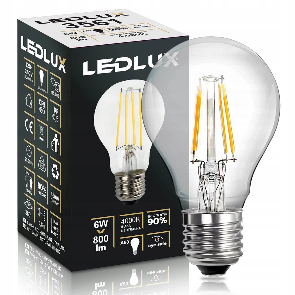 6 шт. Лампочка Led Ledlux E27 6w філамент =50w 000k нейтральна Premium не мигає едісон від компанії Інтернет-магазин EconomPokupka - фото 1