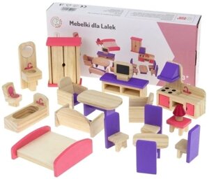 Дерев'яні меблі для лялькового будиночка 19 шт. ляльок кухня вітальня спальня Nobo Kids