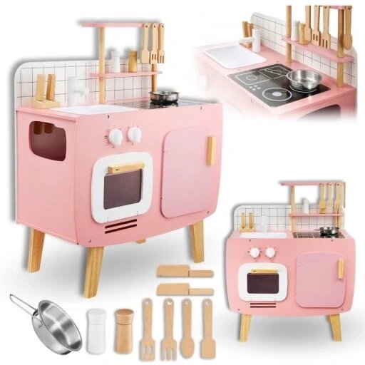 Дитяча дерев'яна кухня Mamabrum Wooden Kitchen 291 ретро рожева + аксесуари від компанії Інтернет-магазин EconomPokupka - фото 1