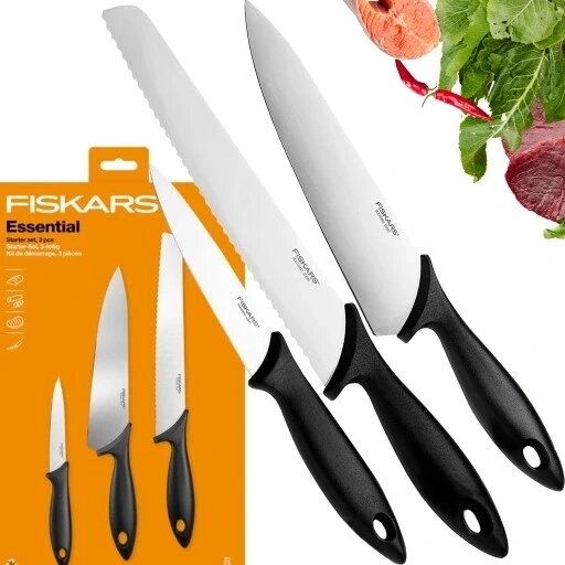 Комплект ножів Fiskars Essential 3 штуки набір 3x кухарський ніж для хліба овочів фруктів гострі від компанії Інтернет-магазин EconomPokupka - фото 1