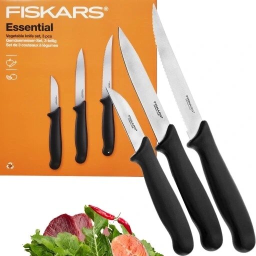 Комплект ножів у коробці Fiskars Essential 3 шт. набір 3-х ножів для овочів нож для тертя гострий 1023785 від компанії Інтернет-магазин EconomPokupka - фото 1