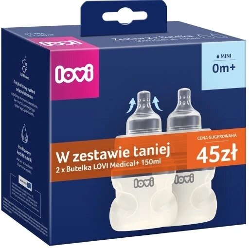 Комплект з 2 пляшечок Lovi Medical+ 2x150ml 0m+ і соскою Supervent 2x150ml 0273 в парному пакованні від компанії Інтернет-магазин EconomPokupka - фото 1