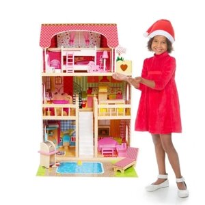 Ляльковий будиночок Kinderlly Toys 90 см дерев'яний з меблями 3 поверхи 5 кімнат басейн