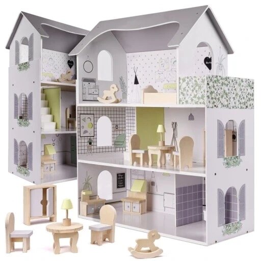 Ляльковий будиночок з меблями Ikonka Kx6278 70 см сірий дерев'яний від компанії Інтернет-магазин EconomPokupka - фото 1