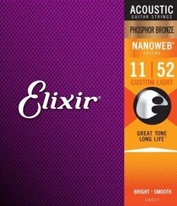 Струни для акустичної гітари Elixir NanoWeb Phosphor Bronze 16027 11-52