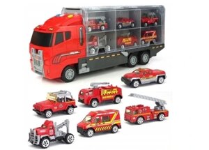 Набір: вантажівка TIR, червоний транспортер, пожежні машини, 6 шт