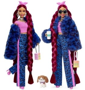 Лялька барбі екстра синій леопардовий костюм/бордове волосся Hhn09 Barbie Extra Doll 17 з собакою
