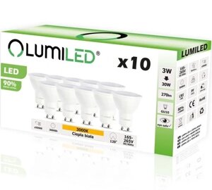 10x GU10 LED лампа 3W = 30W 3000K 120D LUMILED