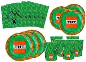 Тарілки "зелені пікселі" паперові для дня народження 6 шт набір стаканчиків та серветок "minecraft" 32 елементи