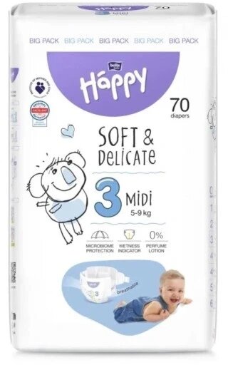 Підгузки Bella Baby Happy Soft & Delicate розмір 3 70 шт Midi 5-9 кг велика упаковка від компанії Інтернет-магазин EconomPokupka - фото 1