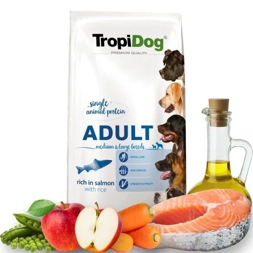 TropiDog Premium Adult сухий корм для собак лосось з рисом 12 кг для дорослих середніх великих порід від компанії Інтернет-магазин EconomPokupka - фото 1