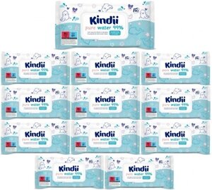 Вологі серветки з водою Kindii 60 штук в упаковці для дітей 0+ Pure Water 99% води 12x60 12 паків