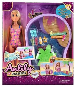 Лялька з аксесуарами 616112 (18) висота 29 см, знімний одяг та взуття, об’ємний басейн, гірка, пальма, склянки для