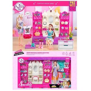 Лялька з меблями 7025 (12) туалетний столик, шафа, висота ляльки 30 см, прикраси, одяг, взуття, аксесуари, рухливі