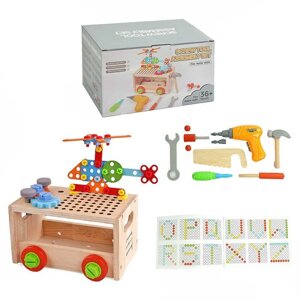 Ігровий центр C 65657 (12) дерев’яний, інструменти, ящик, столярний верстак, електричний шуруповерт, каталка,