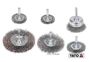 Щітки зачисні з нержавіючої сталі YATO:37, 50, 62, 75 мм, шпиндель Ø6мм, 4500 об/хв, 6 шт [6/60]