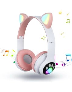 Навушники бездротові Cat Ear VZV-24M Bluetooth з різнокольоровим LED підсвічуванням та котячими вушками Рожеві