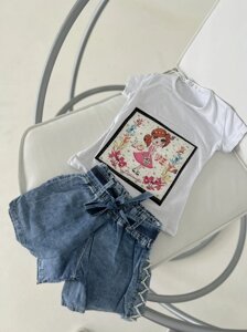 Костюм для девочки с джинсовыми шортами Лав Білий, 2 роки