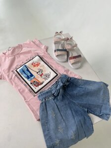 Костюм для дівчинки трикотажна футболка з джинсовими шортами Долматинець Хакі, 5 років