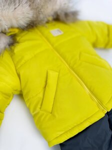 Костюм зимовий Жовтий дитячий на утеплювачі зі штучною опушкою, штани напівкомбінезон р4 110-120