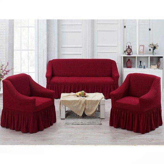 Чохол натяжний диван і два крісла м'яких меблів зі спідницею знімний бордо Home Collection Evibu Туреччина від компанії KITOD - фото 1