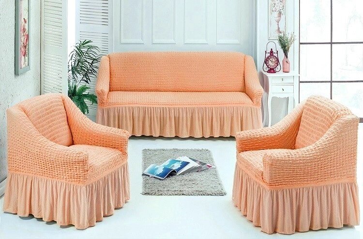 Чохол натяжний диван і два крісла м'яких меблів зі спідницею знімний персиковий Home Collection Evibu Туреччина від компанії KITOD - фото 1