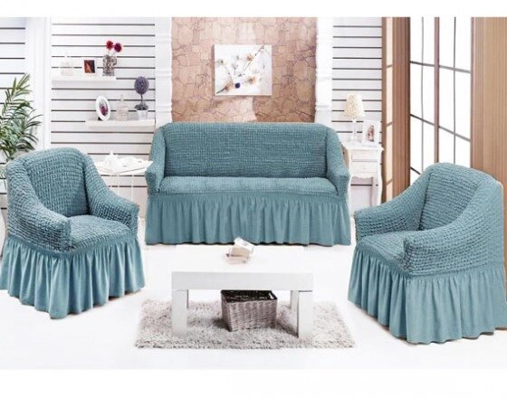 Чохол натяжний диван і два крісла м'яких меблів зі спідницею знімний Сіро блакитний Home Collection Evibu Туреччина від компанії KITOD - фото 1