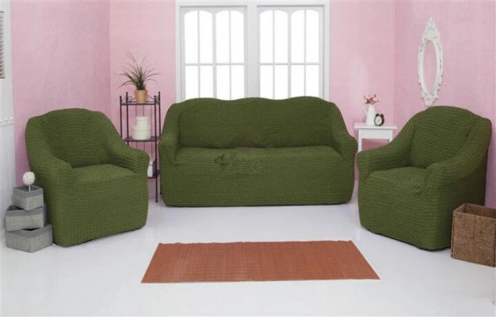 Чохол натяжний диван і два крісла накидка м'яких меблів зі спідницею оливка Home Collection Evibu Туреччина від компанії KITOD - фото 1