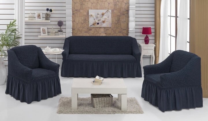 Чохол натяжний диван і два крісла накидка м'яких меблів зі спідницею знімний антрацит Home Collection Evibu Туреччина від компанії KITOD - фото 1