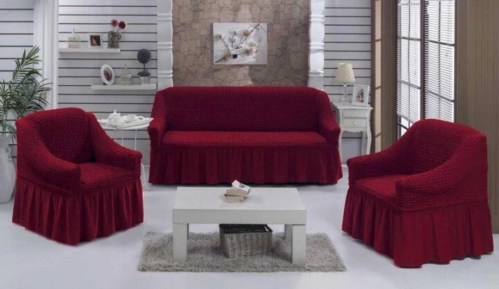 Чохол натяжний диван і два крісла накидка м'яких меблів зі спідницею знімний бордо Home Collection Evibu Туреччина від компанії KITOD - фото 1