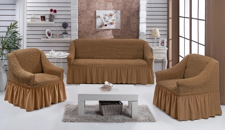 Чохол натяжний диван і два крісла накидка м'яких меблів зі спідницею знімний коричневий Home Collection Evibu Туреччина від компанії KITOD - фото 1