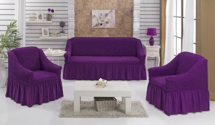 Чохол натяжний диван і два крісла накидка м'яких меблів зі спідницею знімний пурпуровий Home Collection Evibu Туреччина від компанії KITOD - фото 1
