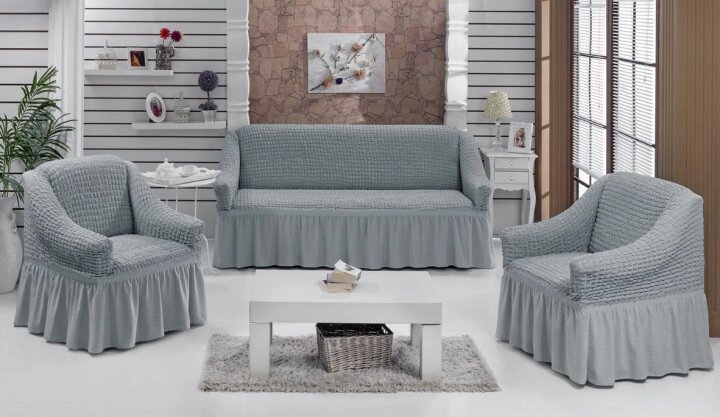 Чохол натяжний диван і два крісла накидка м'яких меблів зі спідницею знімний сірий Home Collection Evibu Туреччина від компанії KITOD - фото 1