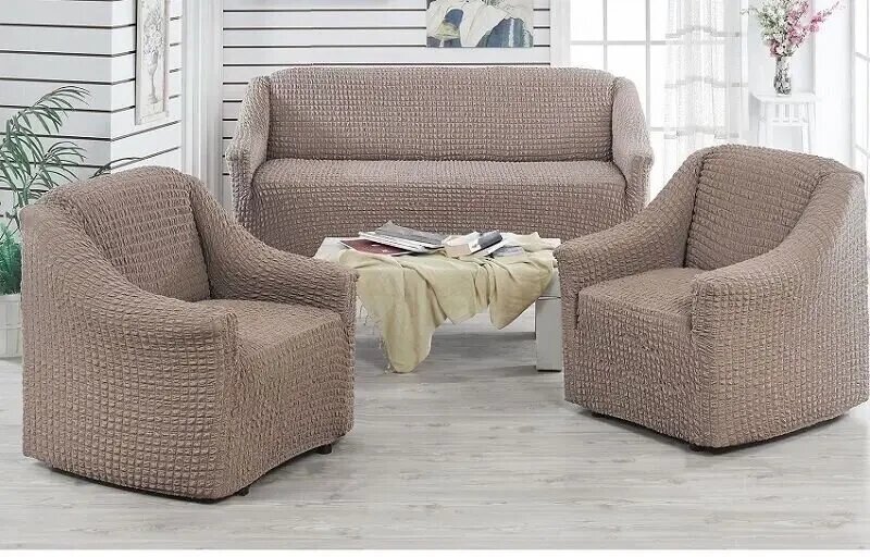 Чохол натяжний диван та 2 крісла без спідниці жниварки без оборки універсальний Какао 18 Турецький від компанії KITOD - фото 1