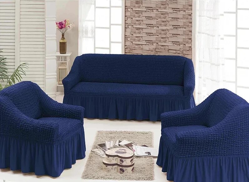 Чохол натяжний диван та 2 крісла без спідниці жниварки без оборки універсальний Синій 12 Турецький від компанії KITOD - фото 1