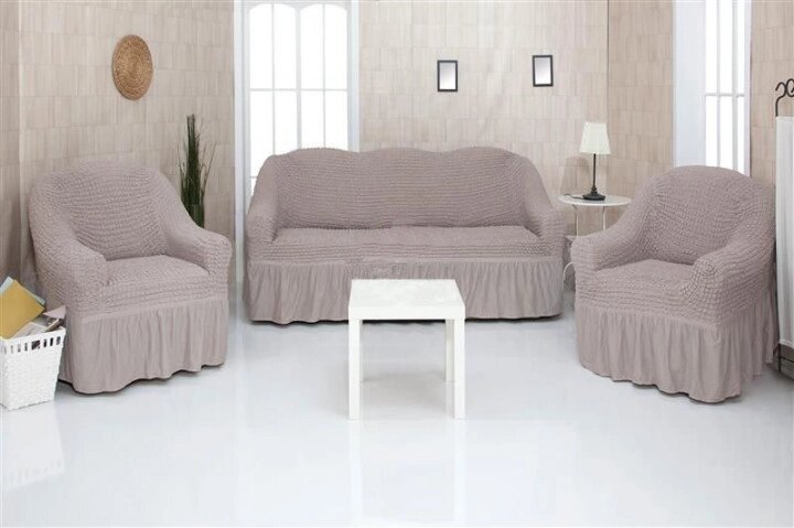 Чохол натяжний диван та два крісла накидка для м'яких меблів зі спідницею знімний какао Home Collection Evibu Туреччина від компанії KITOD - фото 1