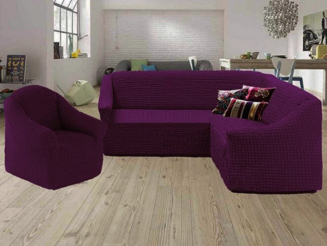 Чохол натяжний кутовий диван + крісло без спідниці накидка без оборкою універсальна Туреччина Фіолетовий 8 від компанії KITOD - фото 1