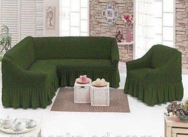 Чохол натяжний кутовий диван + крісло зі спідницею накидка з оборкою універсальна Туреччина Зелений 4 від компанії KITOD - фото 1