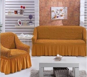 Чохол натяжний диван та 2 крісла зі спідницею жниварка з оборкою універсальний Медовий 11 Турецький