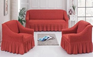 Чохол натяжний диван і два крісла м'яких меблів зі спідницею знімний теракотовий Home Collection Evibu Туреччина