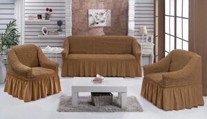 Чохол натяжний диван і два крісла накидка м'яких меблів зі спідницею знімний коричневий Home Collection Evibu Туреччина