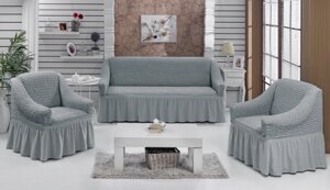 Чохол натяжний диван і два крісла накидка м'яких меблів зі спідницею знімний сірий Home Collection Evibu Туреччина
