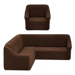 Чохол натяжний кутовий диван + крісло без спідниці накидка без оборки універсальний Туреччина Шоколад 1