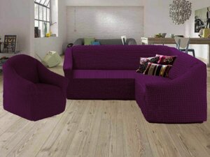 Чохол натяжний кутовий диван без спідниці накидка універсальна без оборкою Жниварка Туреччина Фіолетовий 8