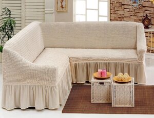Турецький Натяжний Чохол для кутового дивана зі спідницею-оборкою Turkey № 14 Кремовий Накидка на диван