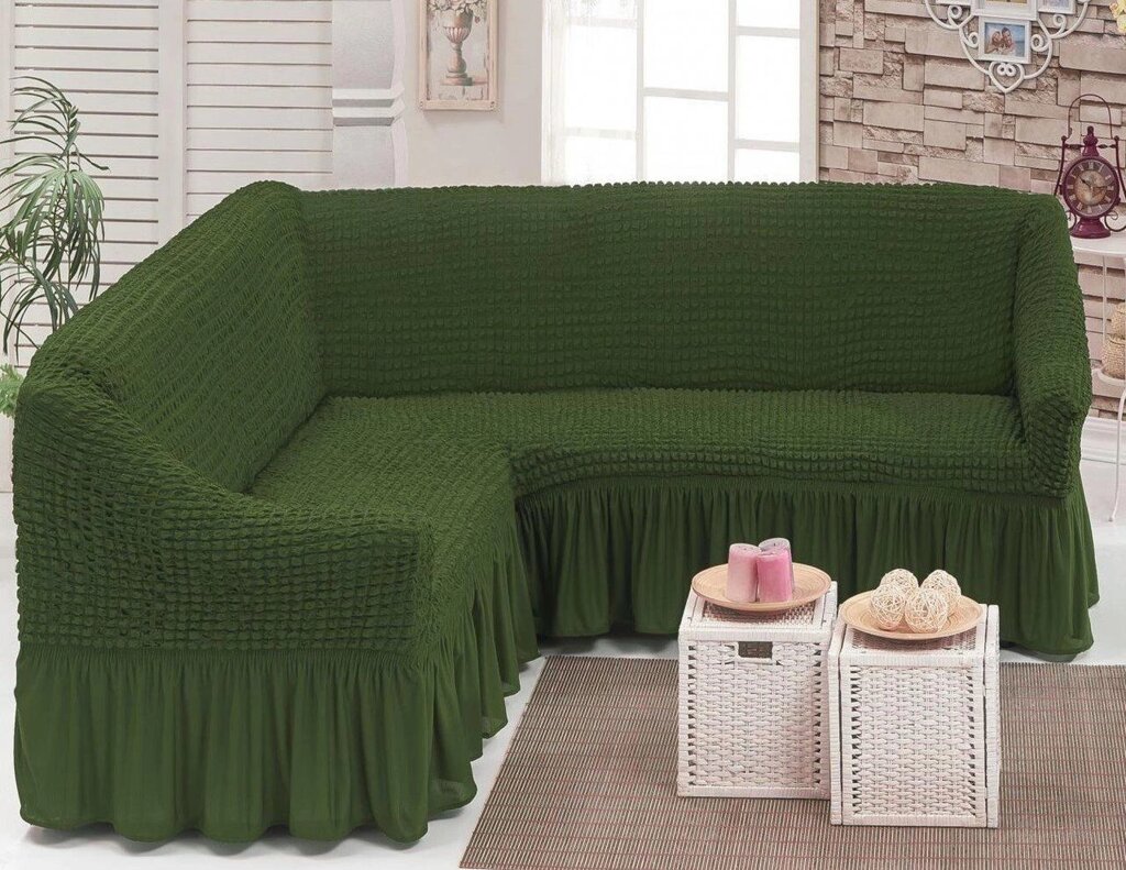 Турецький Натяжний Чохол для кутового дивана зі спідницею оборкою Turkey № 4 Зелений Накидка на диван від компанії KITOD - фото 1