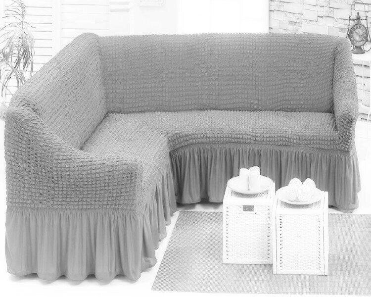 Турецький Натяжний Чохол для кутового дивана зі спідницею-оборкою Turkey № 7 Сірий Накидка на диван від компанії KITOD - фото 1